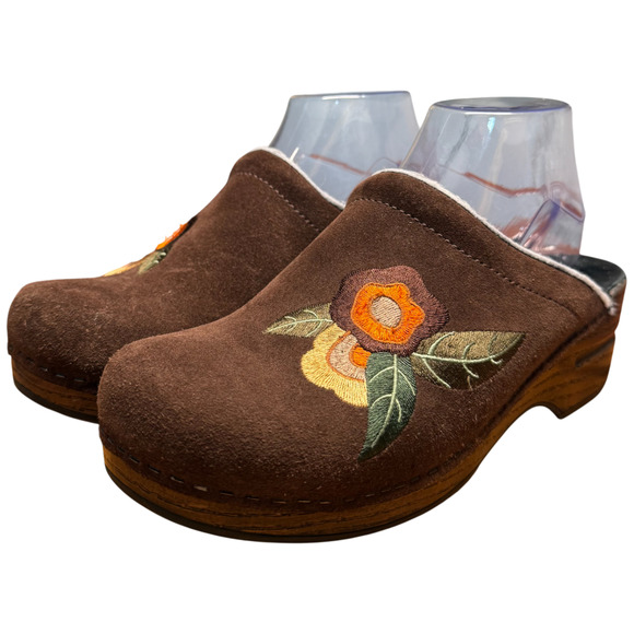 DANSKO 39/US8.5-9 Brown Suede Comfort Clog Orange Floral Embroidery Mules READ - Picture 3 of 12